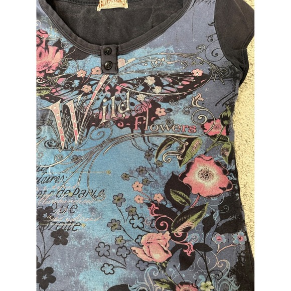 Womens Y2K Wild Flowers Butterfly Graphic Baby Tee Rhinestone Henley 2000s M - Picture 3 of 8